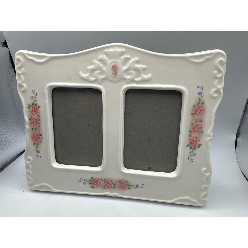 Vintage Lavie Ceramic Double Picture Frame Pink Roses Floral Victorian Cream